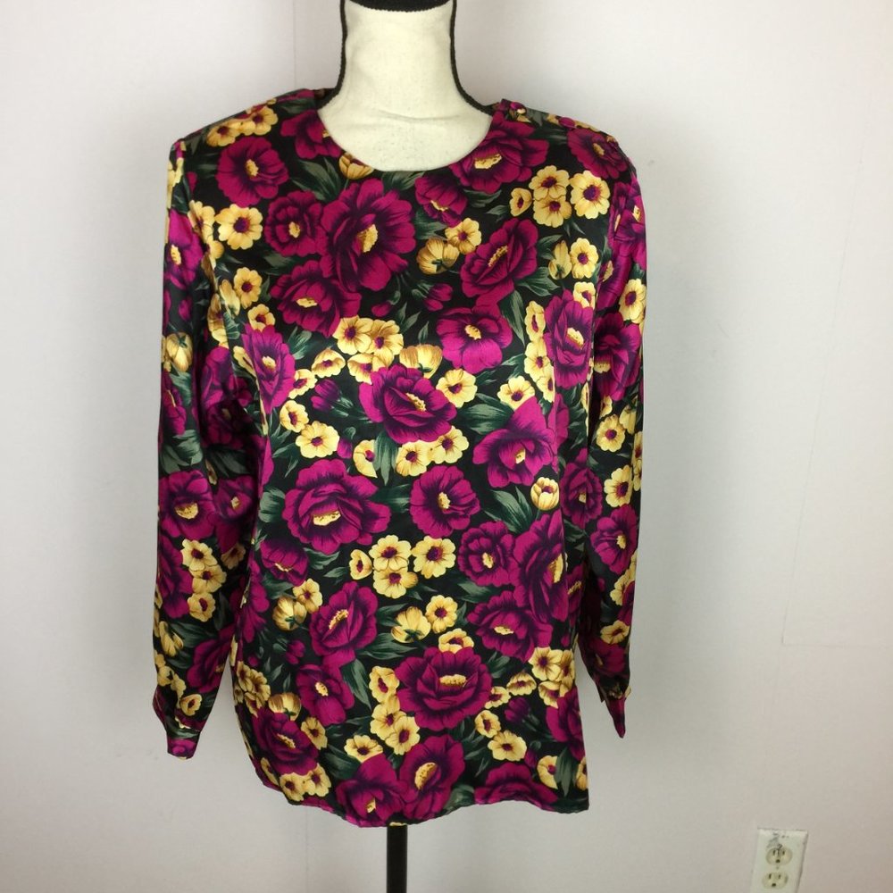 New! Heritage Road Vintage Blouse Shirt 10 Womens Pink Yellow Floral Satin